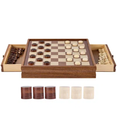 Readado Solid Wood Chess Set, 15 Inch 2-in-1 Chess Checkers Game Set, Chess Board Games With Storage Drawer 