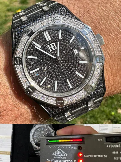 Pre-owned Real Black & White Panda Moissanite Mens Watch Iced Skeleton Back 44mm Hip Hop