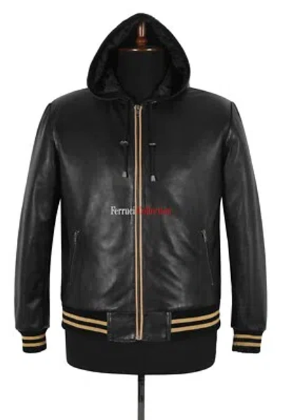 Pre-owned Real Leather Men's Black Baseball Beige Stripes Hooded Bomber Real Lambskin Leather Jacket