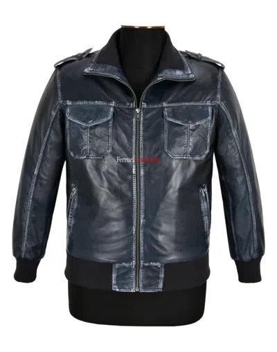 Pre-owned Real Leather Men's Bomber Leather Jacket Navy Vintage Napa Casual Fashion Harrington Jacket