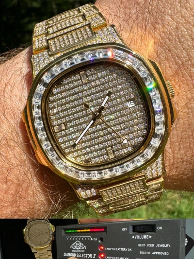 Pre-owned Real Mens Baguette 14k Gold  Moissanite Watch Iced Automatic Movement Hiphop