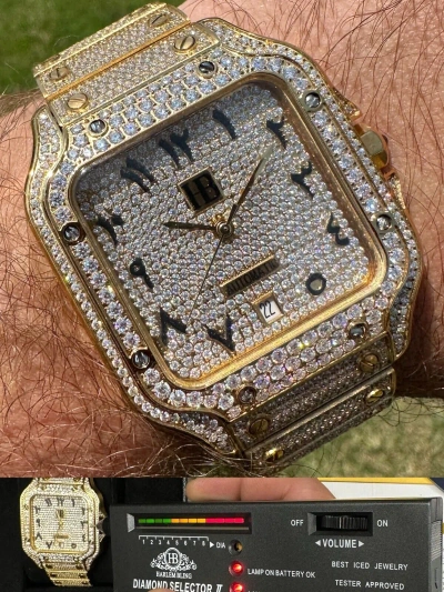 Pre-owned Real Moissanite Hip Hop Watch Fully Iced Mens Automatic Movement Gold Arabic