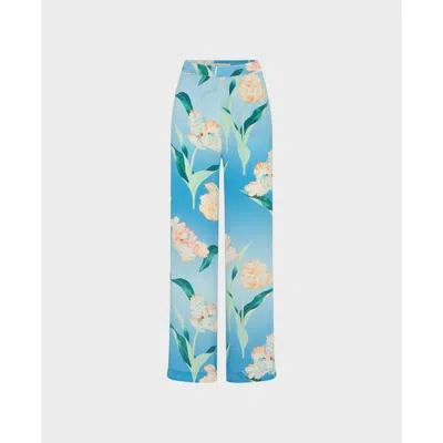 Really Wild Clothing Barr Liberty Silk Satin Wide Leg Silk Palazzo Pants In Blue