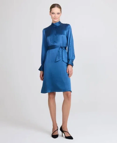 Really Wild Clothing Cara Silk Pleated Tie Neck Dress In Blue