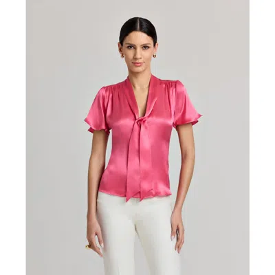 Really Wild Clothing Celeste Liberty Silk Satin Tie Neck Blouse In Coral