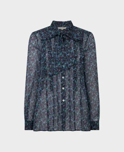 Really Wild Clothing Silk Frill Tie Neck Blouse In Blue