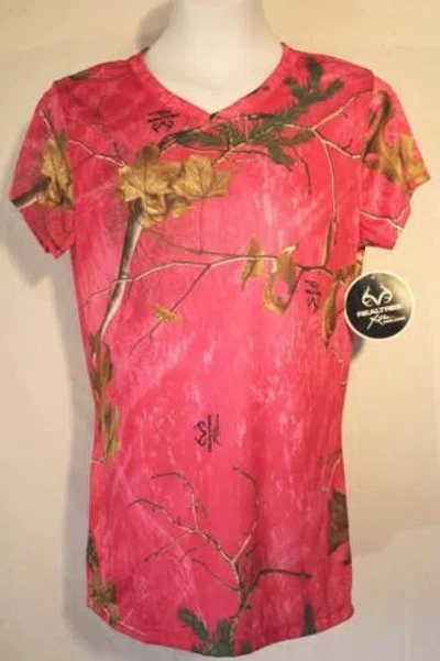 Pre-owned Realtree Womens Silky Shirt Large  Pink Camo Top Deer Hunting V Neck Tee