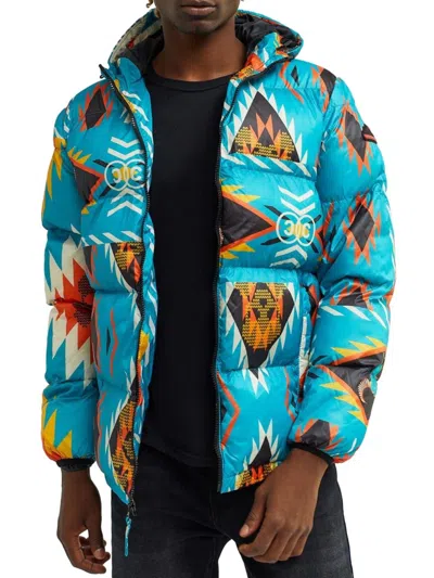Reason Men's Folk Hooded Puffer Jacket In Blue Multi