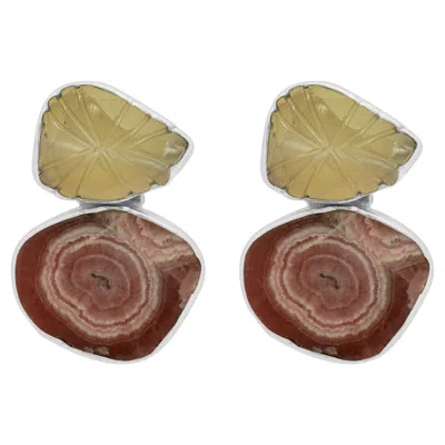 Pre-owned Rebecca Collins Sterling Silver Rhodochrosite And Quartz Earrings In Multi