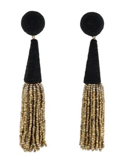 Pre-owned Rebecca De Ravenel Beaded Tassel Clip-on Drop Earrings In Black/gold