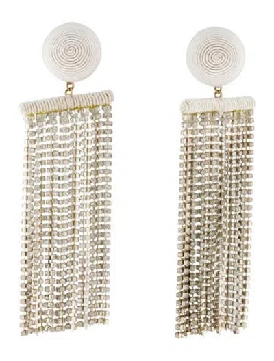 Pre-owned Rebecca De Ravenel Crystal & Cord Fringe Clip-on Drop Earrings In White