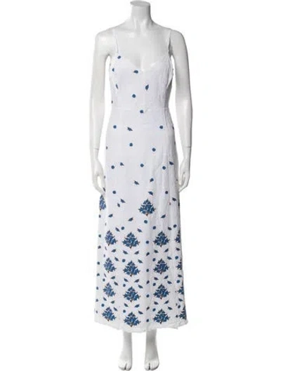 Pre-owned Rebecca De Ravenel Floral Print Long Dress In White