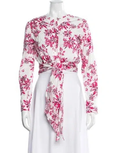 Pre-owned Rebecca De Ravenel Floral Print Long Sleeve Blouse In White