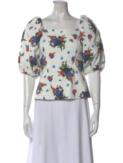 Pre-owned Rebecca De Ravenel Floral Print Square Neckline Top In White