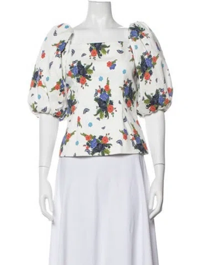 Pre-owned Rebecca De Ravenel Floral Print Square Neckline Top In White