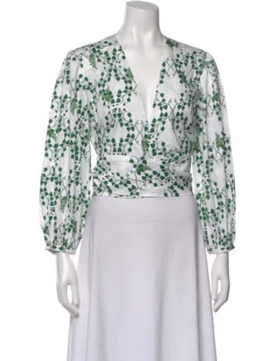 Pre-owned Rebecca De Ravenel Floral Print V-neck Blouse In White