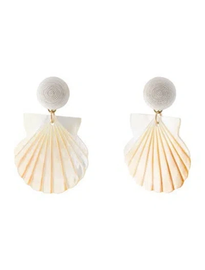 Pre-owned Rebecca De Ravenel Mother Of Pearl & Silk Cord Scallop Drop Earrings In Multi