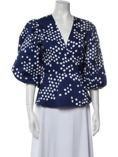 Pre-owned Rebecca De Ravenel Printed V-neck Blouse W/ Tags In Blue