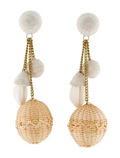 Pre-owned Rebecca De Ravenel Raffia & Shell Clip-on Drop Earrings In Neutral