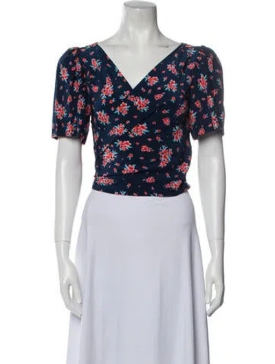 Pre-owned Rebecca De Ravenel Silk Floral Print Crop Top W/ Tags In Blue