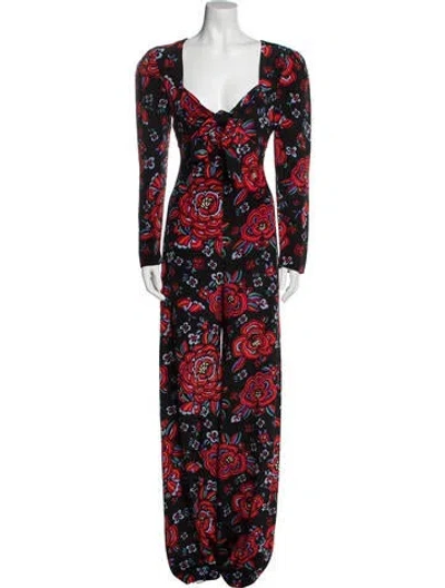 Pre-owned Rebecca De Ravenel Silk Floral Print Jumpsuit In Black