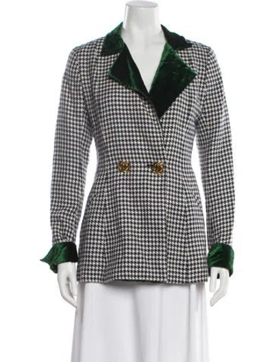 Pre-owned Rebecca De Ravenel Virgin Wool Houndstooth Print Blazer In Blue