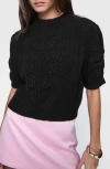 Rebecca Minkoff Campbell Pointelle Puff Sleeve Merino Wool Blend Sweater In Black