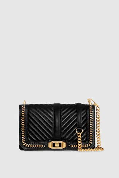 Rebecca Minkoff Chevron Quilted Love Crossbody With Chain Inset Bag In Black/antique Brass