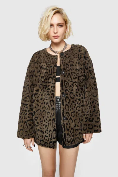 Rebecca Minkoff Dylan Leopard Shearling Jacket In Tan/black
