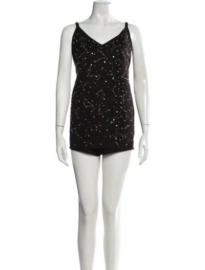Pre-owned Rebecca Minkoff Graphic Print V-neck Romper W/ Tags In Black