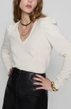 Rebecca Minkoff Janine Puff Shoulder Merino Wool V-neck Sweater In True Black