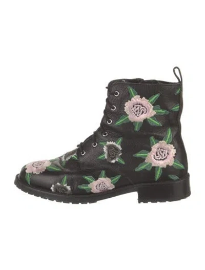 Pre-owned Rebecca Minkoff Leather Floral Print Combat Boots In Black
