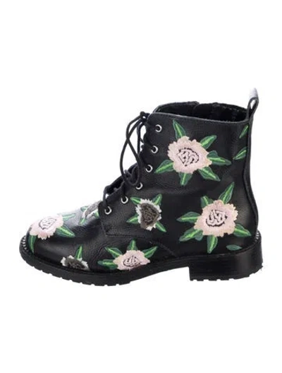 Pre-owned Rebecca Minkoff Leather Floral Print Combat Boots In Black