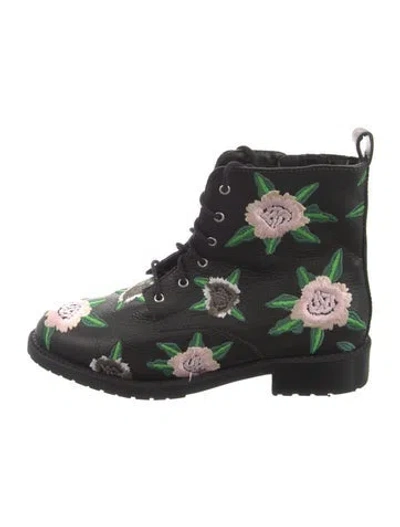 Pre-owned Rebecca Minkoff Leather Floral Print Combat Boots In Black