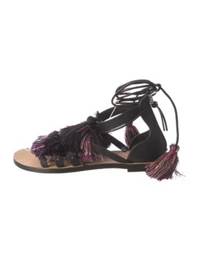 Pre-owned Rebecca Minkoff Leather Fringe Trim Accent Gladiator Sandals In Black