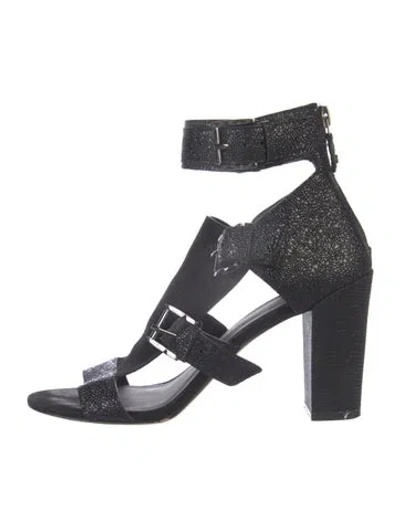 Pre-owned Rebecca Minkoff Leather Glitter Accents Gladiator Sandals In Black