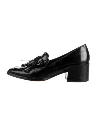 Pre-owned Rebecca Minkoff Patent Leather Fringe Trim Accent Loafers In Black