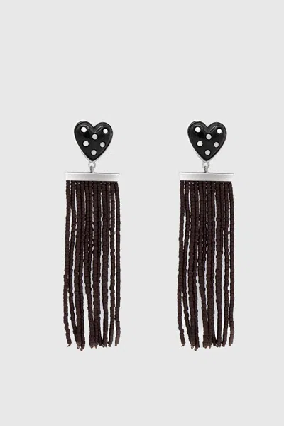 Rebecca Minkoff Studded Heart Fringe Seed Bead Earrings In Silver