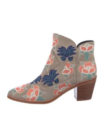 Pre-owned Rebecca Minkoff Suede Floral Print Western Boots In Neutral
