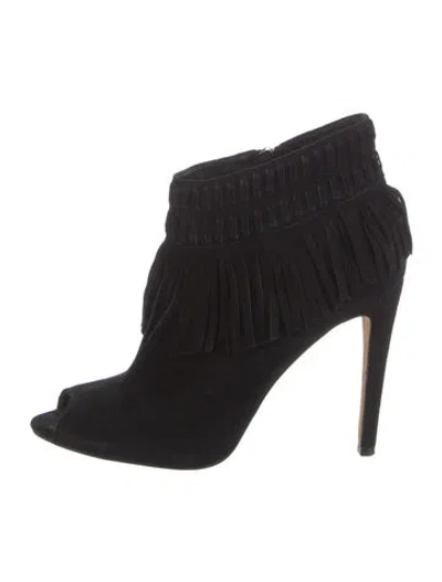 Pre-owned Rebecca Minkoff Suede Fringe Trim Accent Boots In Black