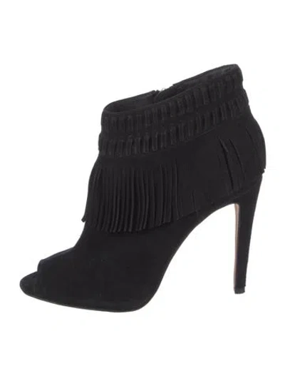 Pre-owned Rebecca Minkoff Suede Fringe Trim Accent Boots In Black