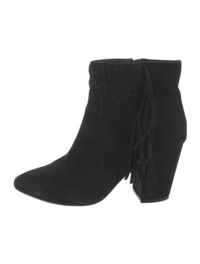Pre-owned Rebecca Minkoff Suede Fringe Trim Accent Boots In Black