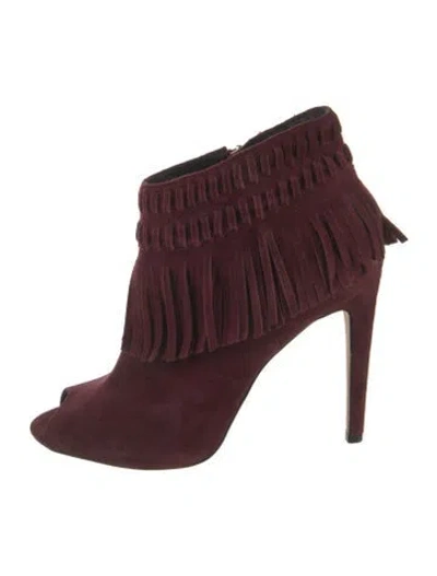 Pre-owned Rebecca Minkoff Suede Fringe Trim Accent Boots In Burgundy