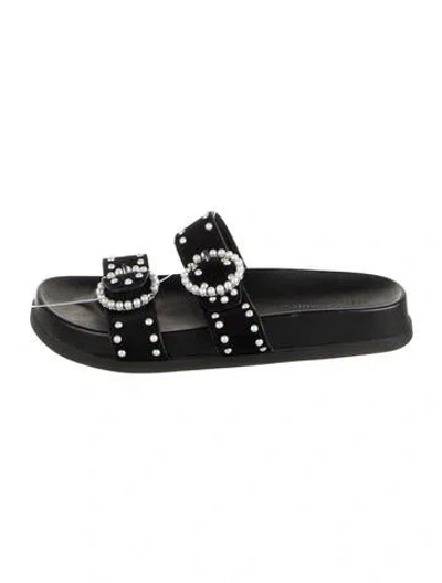 Pre-owned Rebecca Minkoff Suede Polka Dot Print Slides In Black