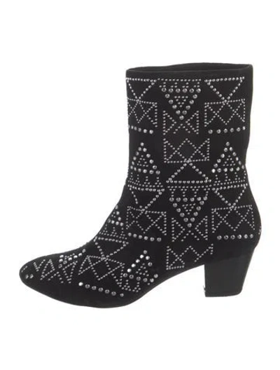 Pre-owned Rebecca Minkoff Suede Printed Moto Boots In Black