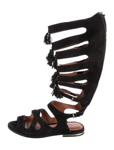 Pre-owned Rebecca Minkoff Suede Tassel Accents Gladiator Sandals In Black