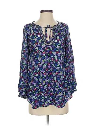 Pre-owned Rebecca Taylor 3/4 Sleeve Silk Top Blue Keyhole Neckline Tops