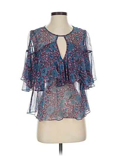 Pre-owned Rebecca Taylor 3/4 Sleeve Silk Top Blue Plunge Neckline Tops