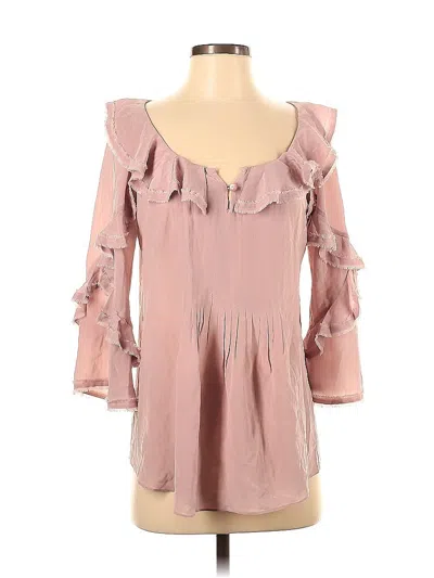 Pre-owned Rebecca Taylor 3/4 Sleeve Silk Top Pink Ruffles Neckline Tops