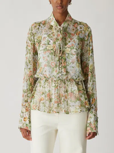 REBECCA TAYLOR ALL OVER FLORAL ON VISCOSE CHIFFON TIE FRONT BLOUSE